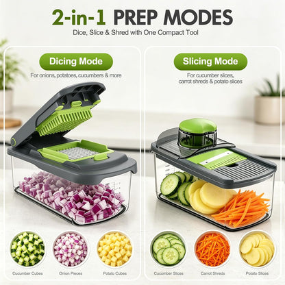 Vegetable Chopper with Container, 8-Blade Onion Chopper & Mandolin Slicer, 2-Lid Food Dicer with Safety Lock, Veggie Shredder Grater for Kitchen Meal Prep, Kitchen Gadgets (8 in 1, Gray)