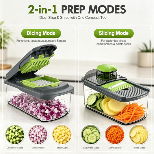 Vegetable Chopper with Container, 8-Blade Onion Chopper & Mandolin Slicer, 2-Lid Food Dicer with Safety Lock, Veggie Shredder Grater for Kitchen Meal Prep, Kitchen Gadgets (8 in 1, Gray)