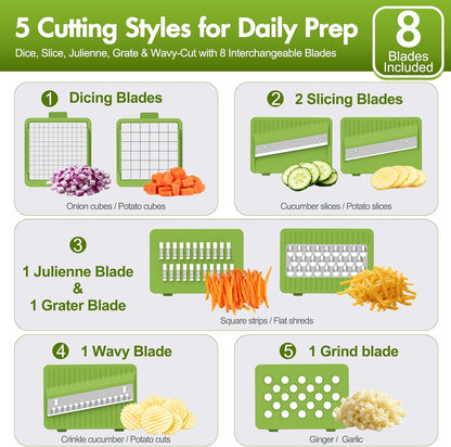 Vegetable Chopper with Container, 8-Blade Onion Chopper & Mandolin Slicer, 2-Lid Food Dicer with Safety Lock, Veggie Shredder Grater for Kitchen Meal Prep, Kitchen Gadgets (8 in 1, Gray)