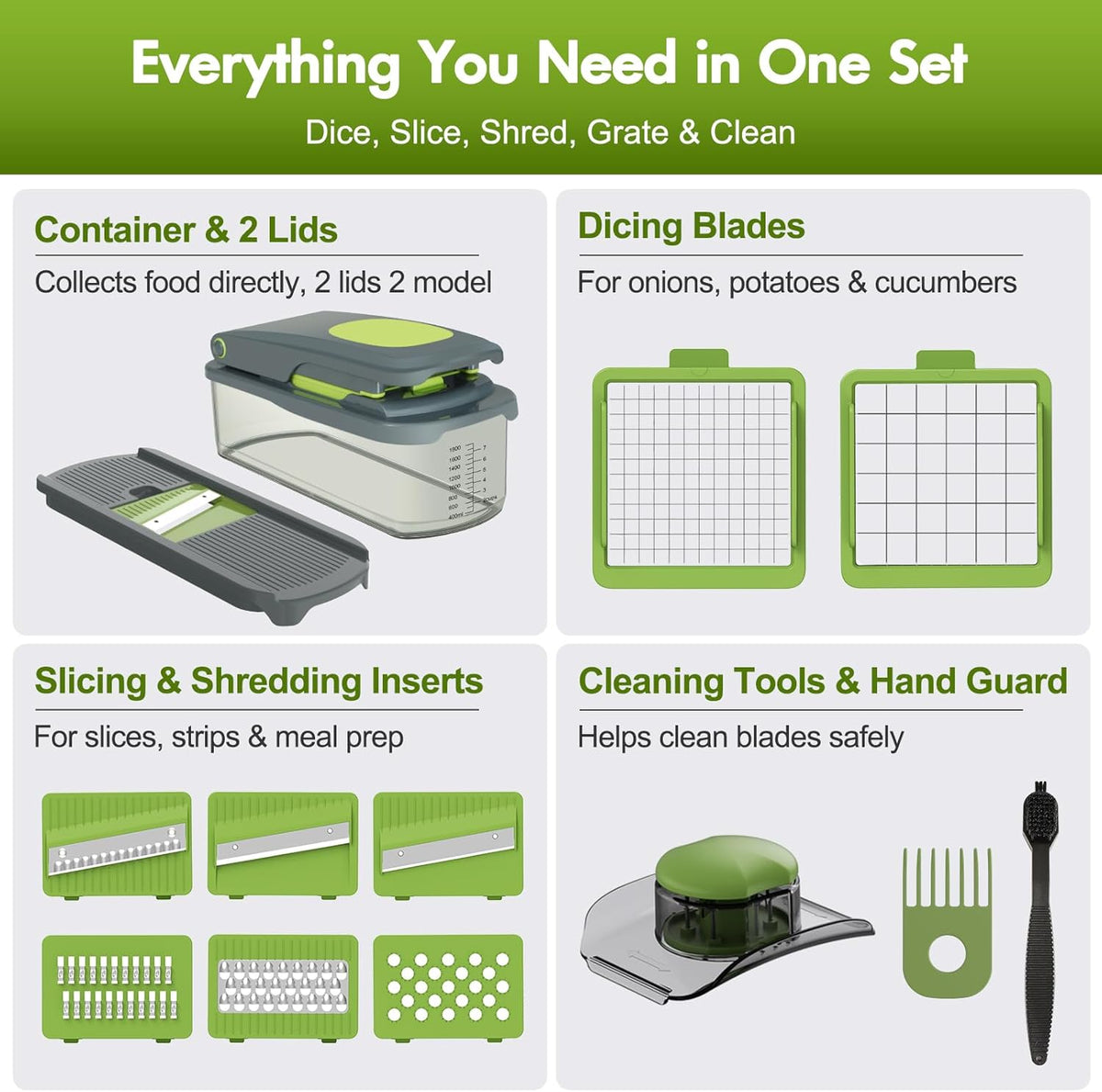 Vegetable Chopper with Container, 8-Blade Onion Chopper & Mandolin Slicer, 2-Lid Food Dicer with Safety Lock, Veggie Shredder Grater for Kitchen Meal Prep, Kitchen Gadgets (8 in 1, Gray)