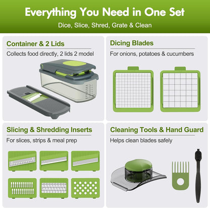 Vegetable Chopper with Container, 8-Blade Onion Chopper & Mandolin Slicer, 2-Lid Food Dicer with Safety Lock, Veggie Shredder Grater for Kitchen Meal Prep, Kitchen Gadgets (8 in 1, Gray)