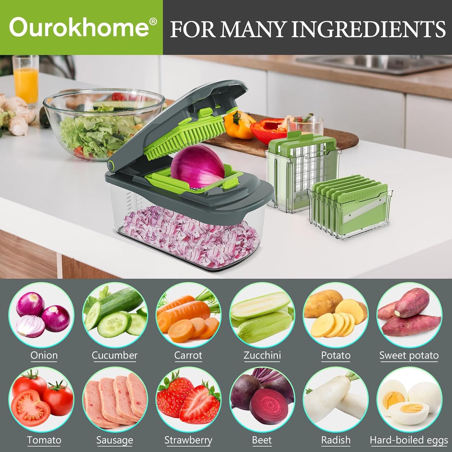Vegetable Chopper with Container, 8-Blade Onion Chopper & Mandolin Slicer, 2-Lid Food Dicer with Safety Lock, Veggie Shredder Grater for Kitchen Meal Prep, Kitchen Gadgets (8 in 1, Gray)