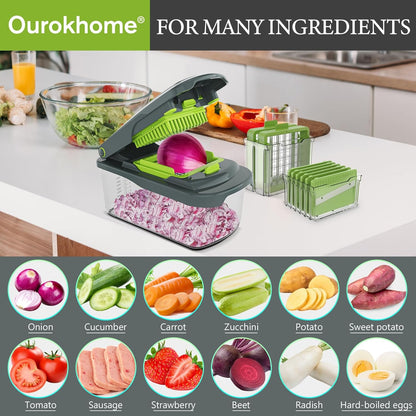 Vegetable Chopper with Container, 8-Blade Onion Chopper & Mandolin Slicer, 2-Lid Food Dicer with Safety Lock, Veggie Shredder Grater for Kitchen Meal Prep, Kitchen Gadgets (8 in 1, Gray)