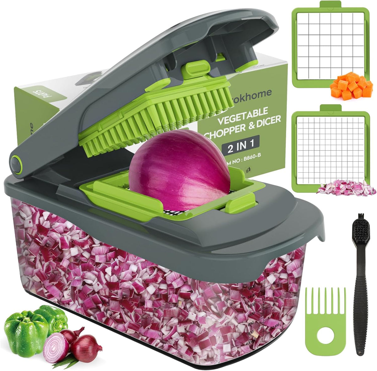 Vegetable Chopper with Container, 8-Blade Onion Chopper & Mandolin Slicer, 2-Lid Food Dicer with Safety Lock, Veggie Shredder Grater for Kitchen Meal Prep, Kitchen Gadgets (8 in 1, Gray)