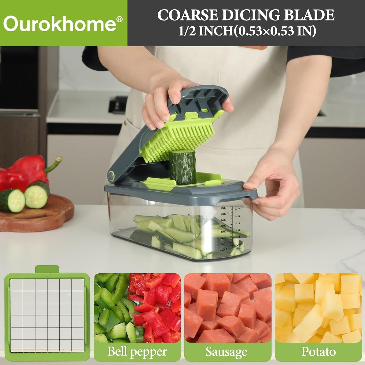 Vegetable Chopper with Container, 8-Blade Onion Chopper & Mandolin Slicer, 2-Lid Food Dicer with Safety Lock, Veggie Shredder Grater for Kitchen Meal Prep, Kitchen Gadgets (8 in 1, Gray)