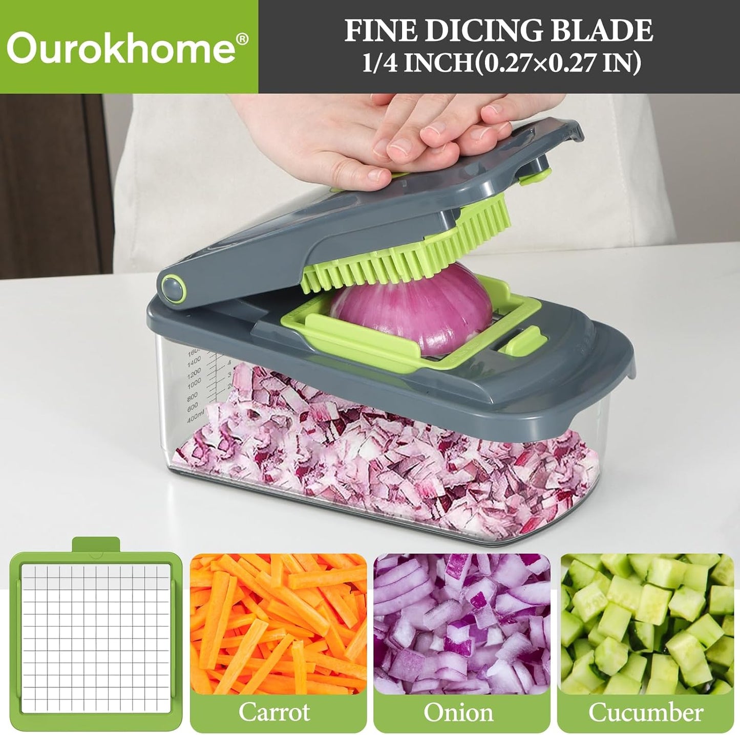 Vegetable Chopper with Container, 8-Blade Onion Chopper & Mandolin Slicer, 2-Lid Food Dicer with Safety Lock, Veggie Shredder Grater for Kitchen Meal Prep, Kitchen Gadgets (8 in 1, Gray)