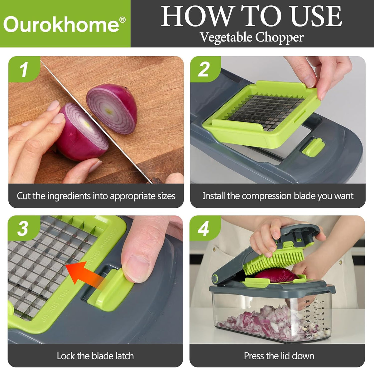 Vegetable Chopper with Container, 8-Blade Onion Chopper & Mandolin Slicer, 2-Lid Food Dicer with Safety Lock, Veggie Shredder Grater for Kitchen Meal Prep, Kitchen Gadgets (8 in 1, Gray)