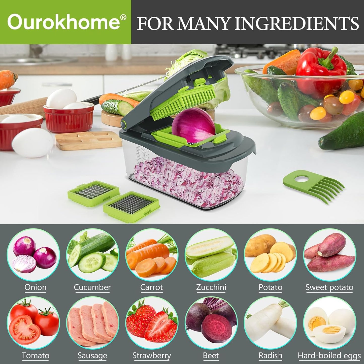 Vegetable Chopper with Container, 8-Blade Onion Chopper & Mandolin Slicer, 2-Lid Food Dicer with Safety Lock, Veggie Shredder Grater for Kitchen Meal Prep, Kitchen Gadgets (8 in 1, Gray)