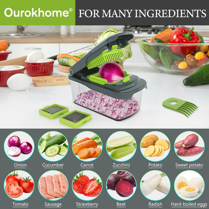 Vegetable Chopper with Container, 8-Blade Onion Chopper & Mandolin Slicer, 2-Lid Food Dicer with Safety Lock, Veggie Shredder Grater for Kitchen Meal Prep, Kitchen Gadgets (8 in 1, Gray)