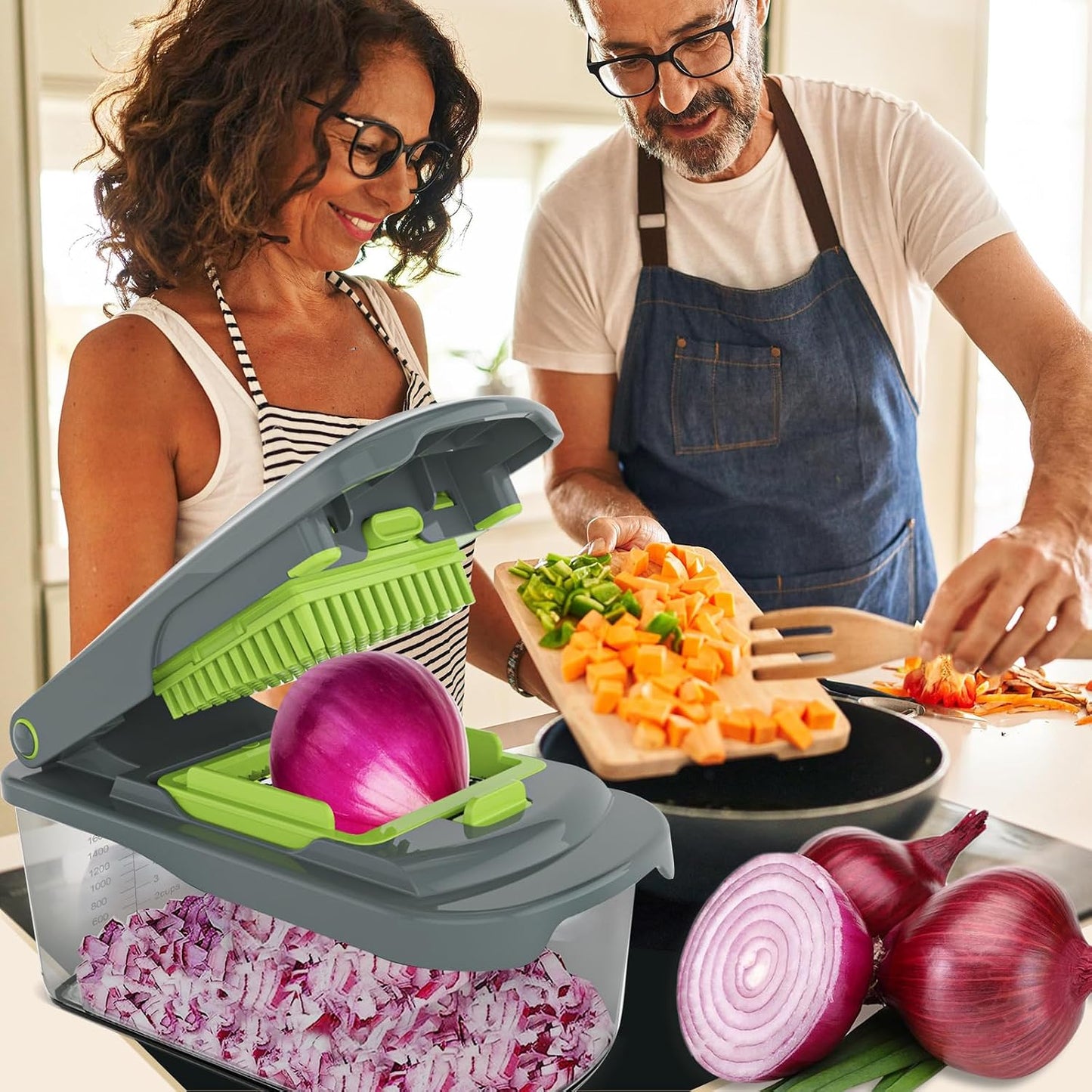 Vegetable Chopper with Container, 8-Blade Onion Chopper & Mandolin Slicer, 2-Lid Food Dicer with Safety Lock, Veggie Shredder Grater for Kitchen Meal Prep, Kitchen Gadgets (8 in 1, Gray)