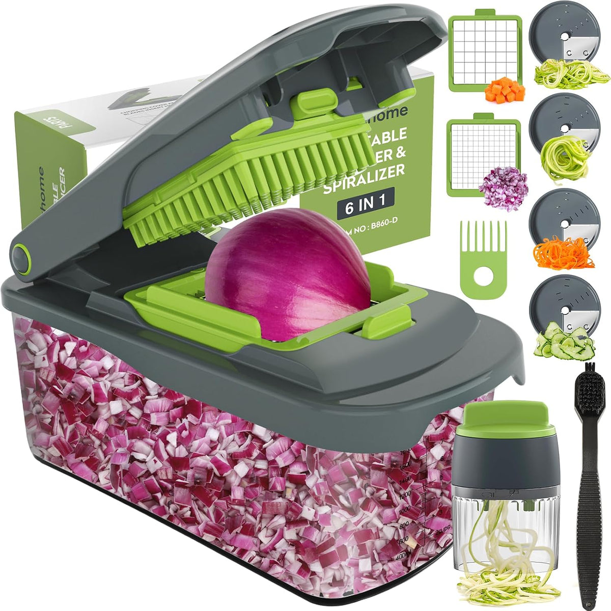 Vegetable Chopper with Container, 8-Blade Onion Chopper & Mandolin Slicer, 2-Lid Food Dicer with Safety Lock, Veggie Shredder Grater for Kitchen Meal Prep, Kitchen Gadgets (8 in 1, Gray)