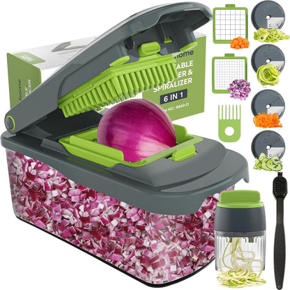 Vegetable Chopper with Container, 8-Blade Onion Chopper & Mandolin Slicer, 2-Lid Food Dicer with Safety Lock, Veggie Shredder Grater for Kitchen Meal Prep, Kitchen Gadgets (8 in 1, Gray)
