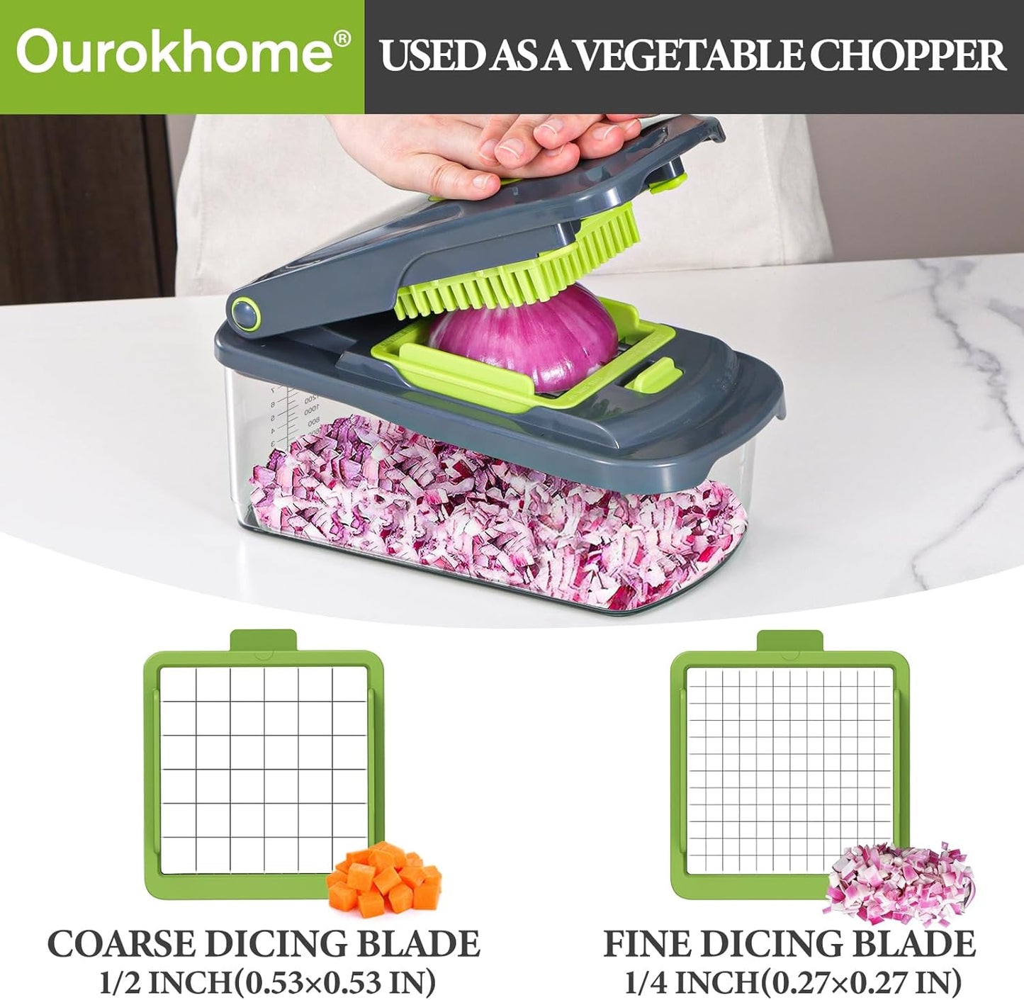 Vegetable Chopper with Container, 8-Blade Onion Chopper & Mandolin Slicer, 2-Lid Food Dicer with Safety Lock, Veggie Shredder Grater for Kitchen Meal Prep, Kitchen Gadgets (8 in 1, Gray)