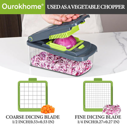 Vegetable Chopper with Container, 8-Blade Onion Chopper & Mandolin Slicer, 2-Lid Food Dicer with Safety Lock, Veggie Shredder Grater for Kitchen Meal Prep, Kitchen Gadgets (8 in 1, Gray)