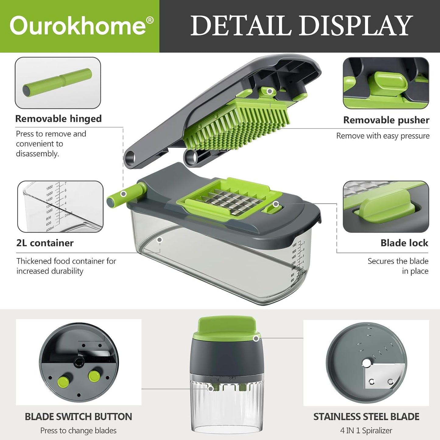 Vegetable Chopper with Container, 8-Blade Onion Chopper & Mandolin Slicer, 2-Lid Food Dicer with Safety Lock, Veggie Shredder Grater for Kitchen Meal Prep, Kitchen Gadgets (8 in 1, Gray)