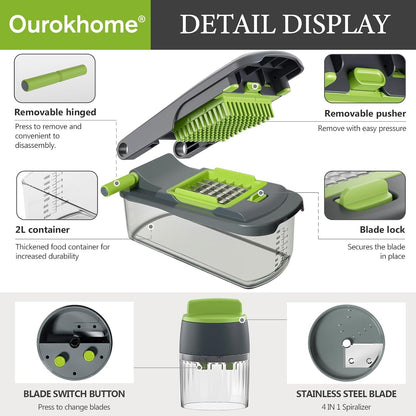 Vegetable Chopper with Container, 8-Blade Onion Chopper & Mandolin Slicer, 2-Lid Food Dicer with Safety Lock, Veggie Shredder Grater for Kitchen Meal Prep, Kitchen Gadgets (8 in 1, Gray)