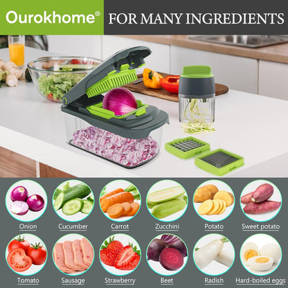 Vegetable Chopper with Container, 8-Blade Onion Chopper & Mandolin Slicer, 2-Lid Food Dicer with Safety Lock, Veggie Shredder Grater for Kitchen Meal Prep, Kitchen Gadgets (8 in 1, Gray)