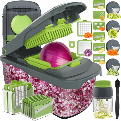 Vegetable Chopper with Container, 8-Blade Onion Chopper & Mandolin Slicer, 2-Lid Food Dicer with Safety Lock, Veggie Shredder Grater for Kitchen Meal Prep, Kitchen Gadgets (8 in 1, Gray)
