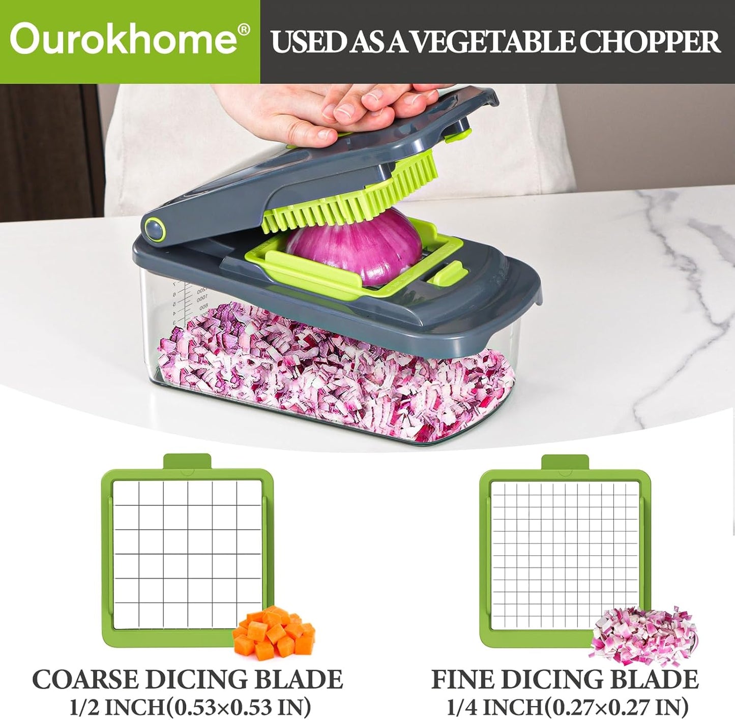 Vegetable Chopper with Container, 8-Blade Onion Chopper & Mandolin Slicer, 2-Lid Food Dicer with Safety Lock, Veggie Shredder Grater for Kitchen Meal Prep, Kitchen Gadgets (8 in 1, Gray)