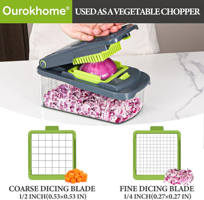 Vegetable Chopper with Container, 8-Blade Onion Chopper & Mandolin Slicer, 2-Lid Food Dicer with Safety Lock, Veggie Shredder Grater for Kitchen Meal Prep, Kitchen Gadgets (8 in 1, Gray)