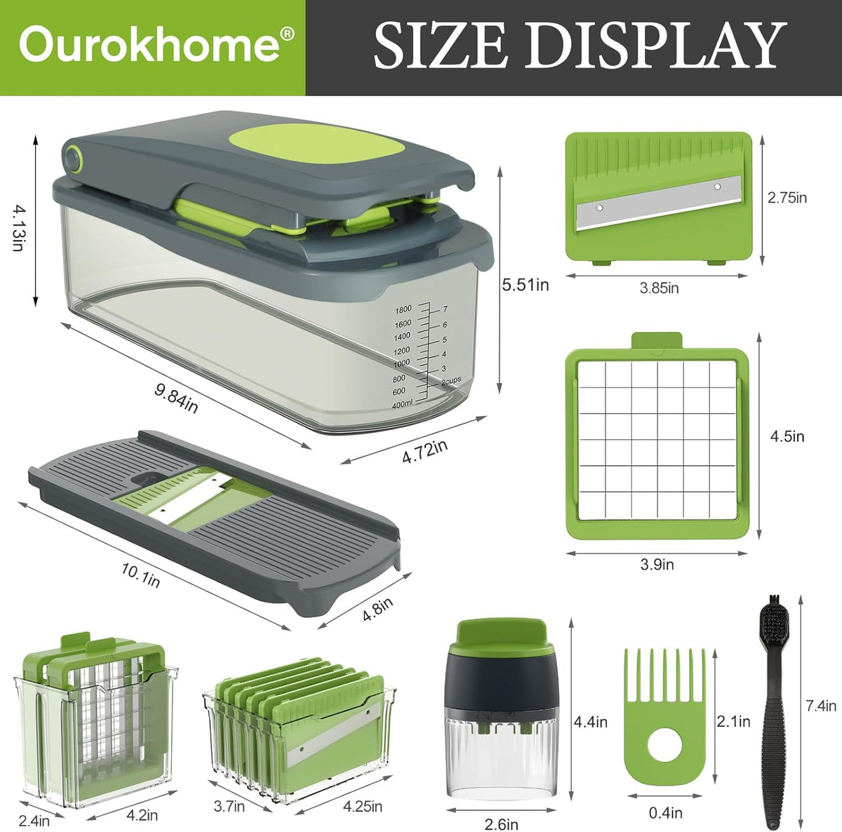 Vegetable Chopper with Container, 8-Blade Onion Chopper & Mandolin Slicer, 2-Lid Food Dicer with Safety Lock, Veggie Shredder Grater for Kitchen Meal Prep, Kitchen Gadgets (8 in 1, Gray)