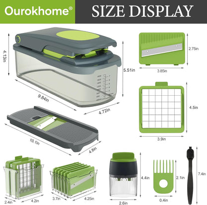Vegetable Chopper with Container, 8-Blade Onion Chopper & Mandolin Slicer, 2-Lid Food Dicer with Safety Lock, Veggie Shredder Grater for Kitchen Meal Prep, Kitchen Gadgets (8 in 1, Gray)