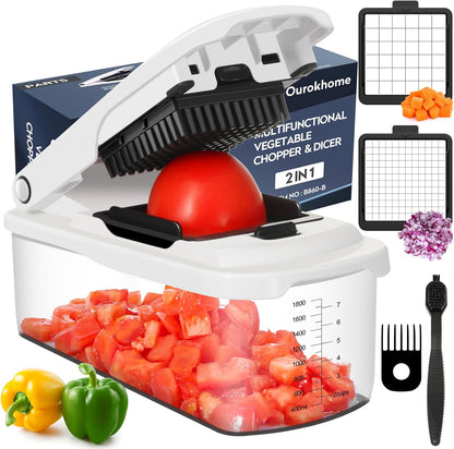 Vegetable Chopper with Container, 8-Blade Onion Chopper & Mandolin Slicer, 2-Lid Food Dicer with Safety Lock, Veggie Shredder Grater for Kitchen Meal Prep, Kitchen Gadgets (8 in 1, Gray)