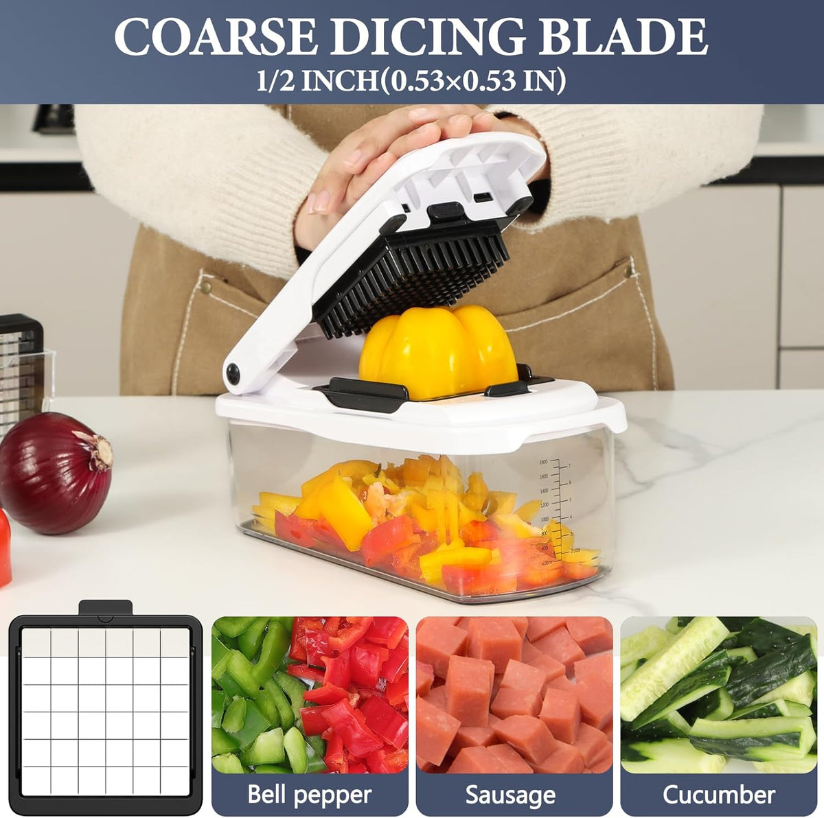 Vegetable Chopper with Container, 8-Blade Onion Chopper & Mandolin Slicer, 2-Lid Food Dicer with Safety Lock, Veggie Shredder Grater for Kitchen Meal Prep, Kitchen Gadgets (8 in 1, Gray)
