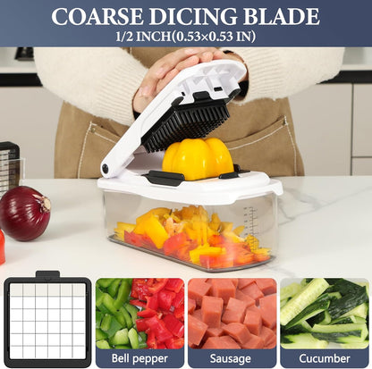 Vegetable Chopper with Container, 8-Blade Onion Chopper & Mandolin Slicer, 2-Lid Food Dicer with Safety Lock, Veggie Shredder Grater for Kitchen Meal Prep, Kitchen Gadgets (8 in 1, Gray)
