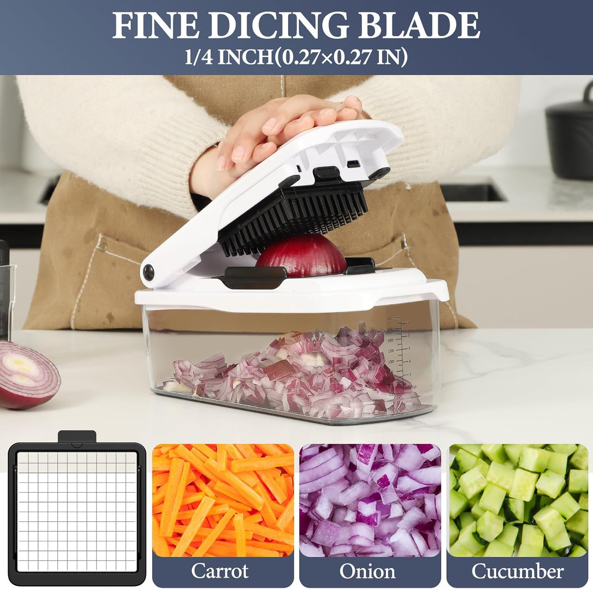 Vegetable Chopper with Container, 8-Blade Onion Chopper & Mandolin Slicer, 2-Lid Food Dicer with Safety Lock, Veggie Shredder Grater for Kitchen Meal Prep, Kitchen Gadgets (8 in 1, Gray)