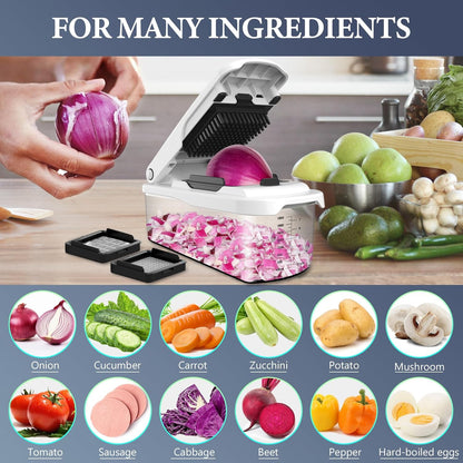 Vegetable Chopper with Container, 8-Blade Onion Chopper & Mandolin Slicer, 2-Lid Food Dicer with Safety Lock, Veggie Shredder Grater for Kitchen Meal Prep, Kitchen Gadgets (8 in 1, Gray)
