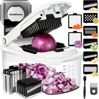 Vegetable Chopper with Container, 8-Blade Onion Chopper & Mandolin Slicer, 2-Lid Food Dicer with Safety Lock, Veggie Shredder Grater for Kitchen Meal Prep, Kitchen Gadgets (8 in 1, Gray)