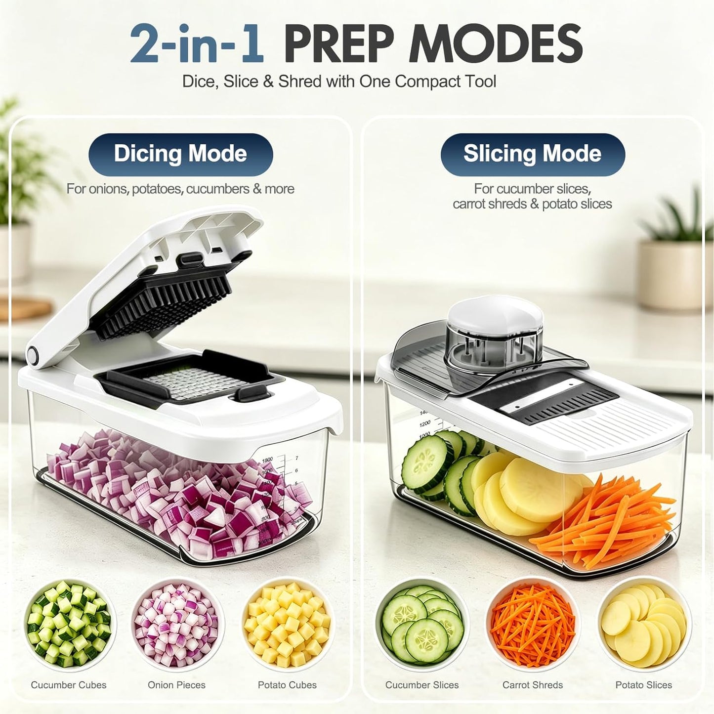 Vegetable Chopper with Container, 8-Blade Onion Chopper & Mandolin Slicer, 2-Lid Food Dicer with Safety Lock, Veggie Shredder Grater for Kitchen Meal Prep, Kitchen Gadgets (8 in 1, Gray)