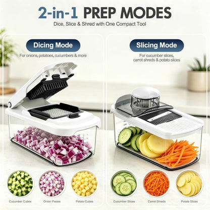 Vegetable Chopper with Container, 8-Blade Onion Chopper & Mandolin Slicer, 2-Lid Food Dicer with Safety Lock, Veggie Shredder Grater for Kitchen Meal Prep, Kitchen Gadgets (8 in 1, Gray)