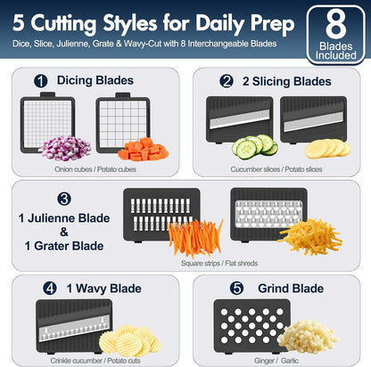 Vegetable Chopper with Container, 8-Blade Onion Chopper & Mandolin Slicer, 2-Lid Food Dicer with Safety Lock, Veggie Shredder Grater for Kitchen Meal Prep, Kitchen Gadgets (8 in 1, Gray)