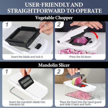 Vegetable Chopper with Container, 8-Blade Onion Chopper & Mandolin Slicer, 2-Lid Food Dicer with Safety Lock, Veggie Shredder Grater for Kitchen Meal Prep, Kitchen Gadgets (8 in 1, Gray)