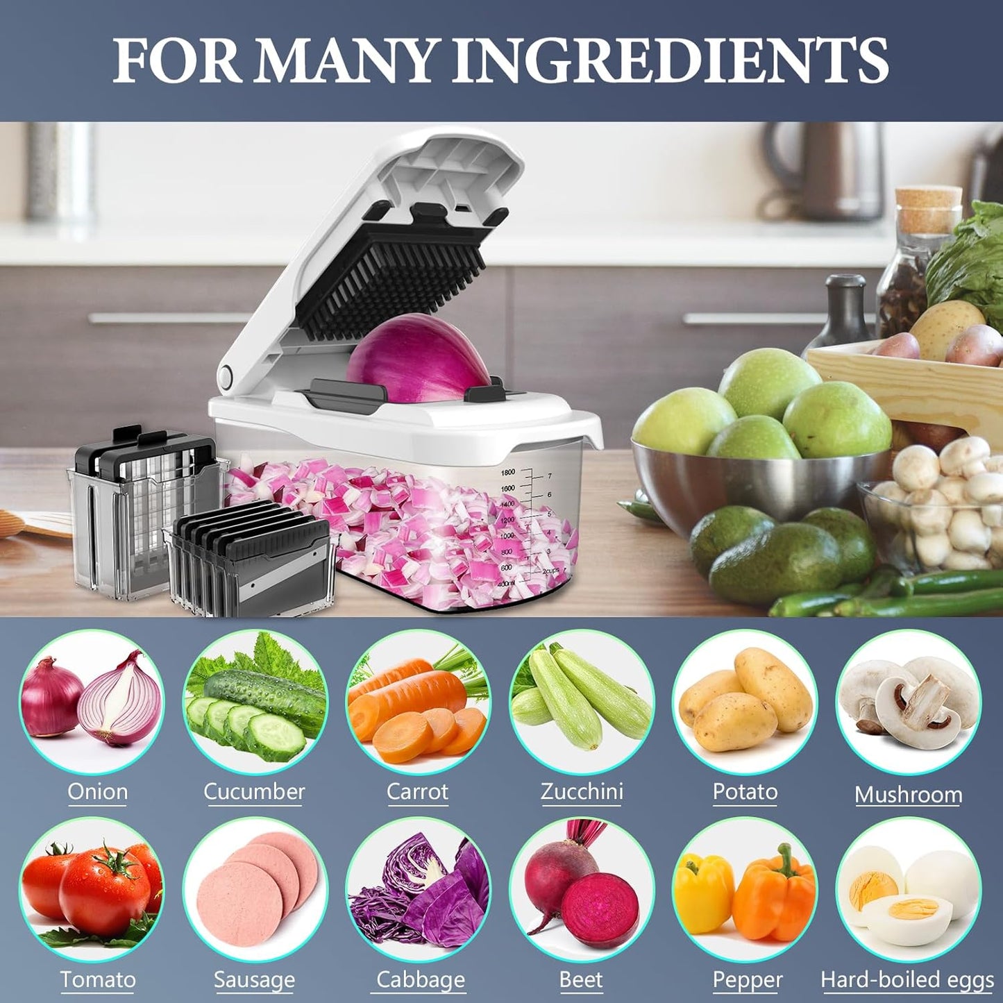 Vegetable Chopper with Container, 8-Blade Onion Chopper & Mandolin Slicer, 2-Lid Food Dicer with Safety Lock, Veggie Shredder Grater for Kitchen Meal Prep, Kitchen Gadgets (8 in 1, Gray)