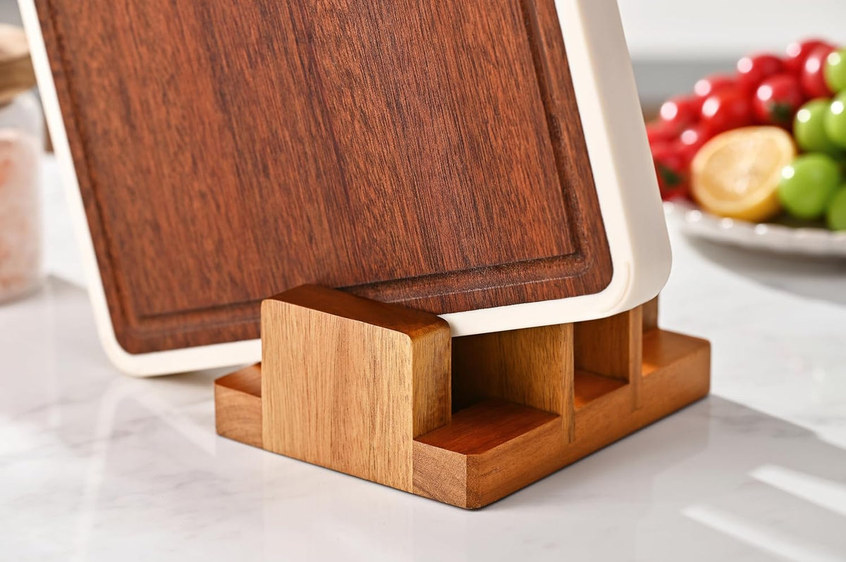 Fox Run Acacia Wood Cutting Board Holder, 3 Slot Cutting Board Organizer | Beautiful Acacia Wood | Cutting Board Stand For Countertops | Hold, Dry & Display Cutting Board | Kitchen Organization