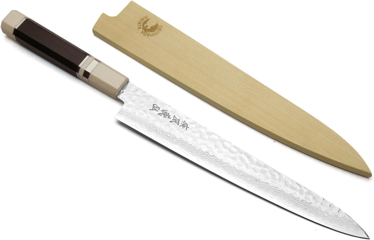 Yoshihiro VG10 46 Layers Hammered Damascus Sujihiki Japanese Slicer Knife (9.5" (240mm) Ebony Handle with Alternative Ivoy Bolster)