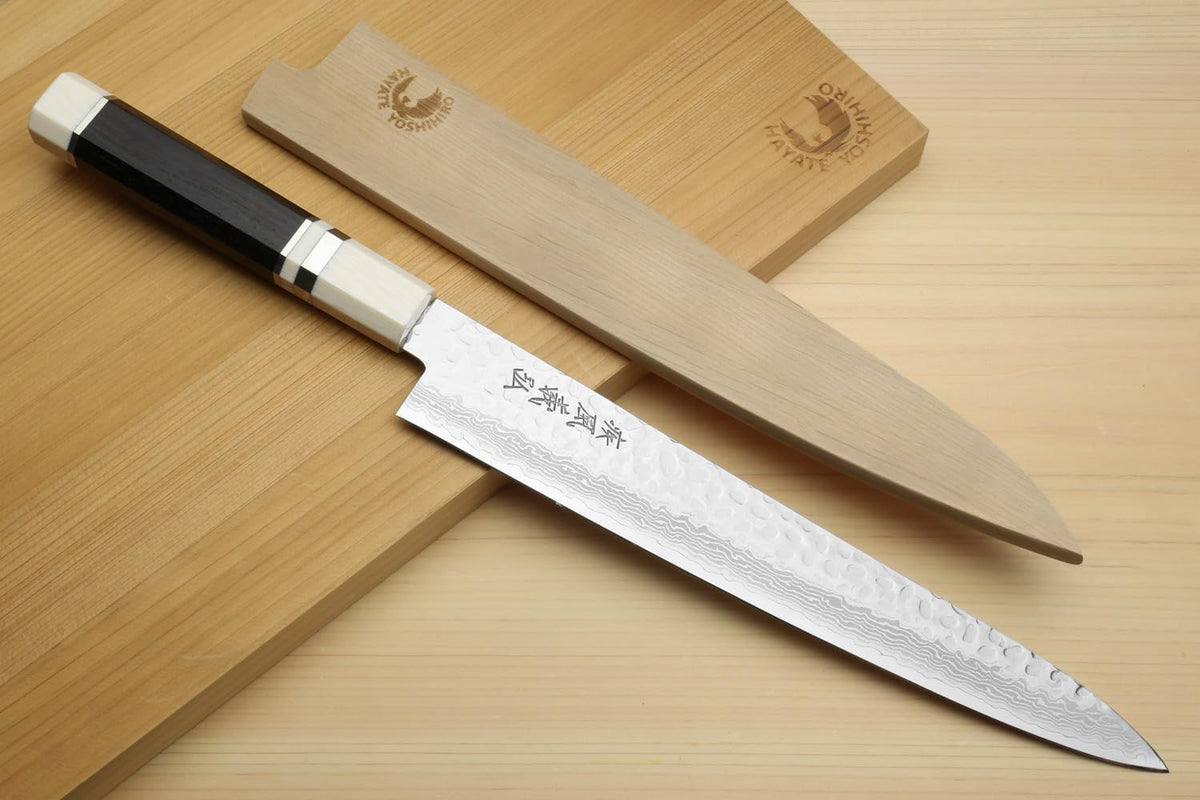 Yoshihiro VG10 46 Layers Hammered Damascus Sujihiki Japanese Slicer Knife (9.5" (240mm) Ebony Handle with Alternative Ivoy Bolster)