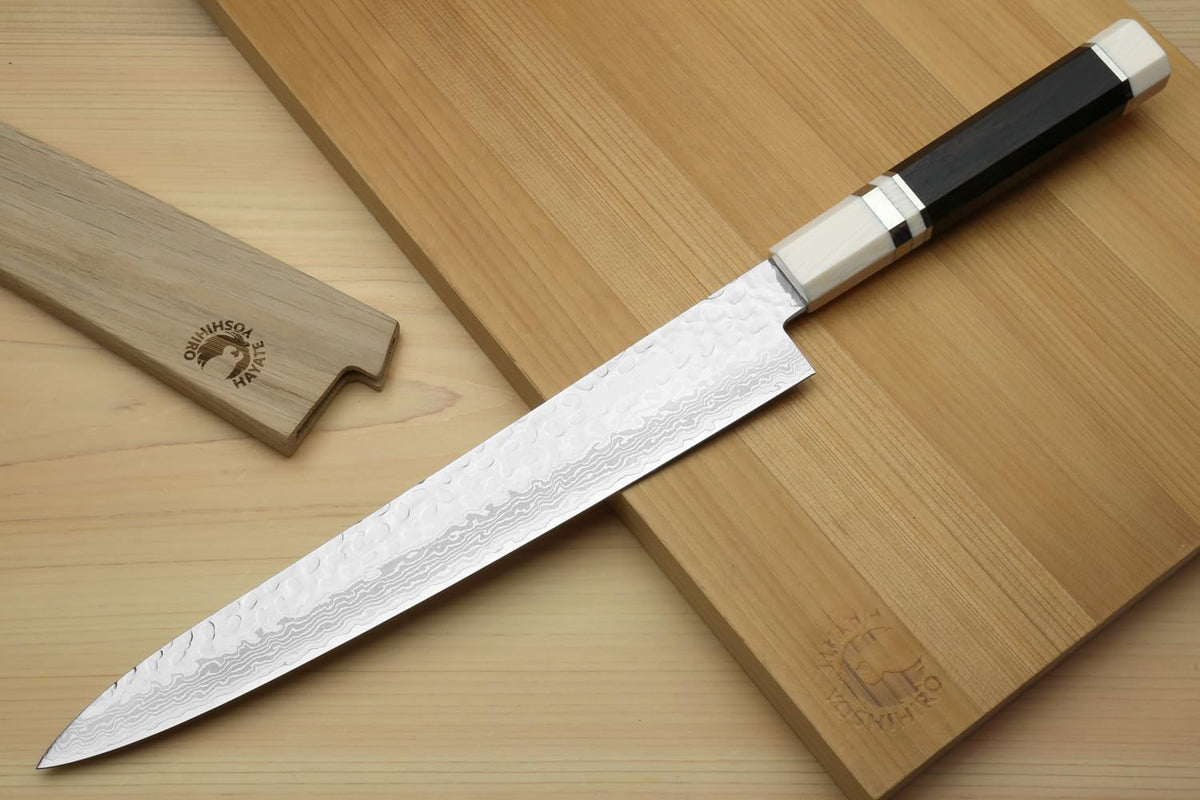 Yoshihiro VG10 46 Layers Hammered Damascus Sujihiki Japanese Slicer Knife (9.5" (240mm) Ebony Handle with Alternative Ivoy Bolster)