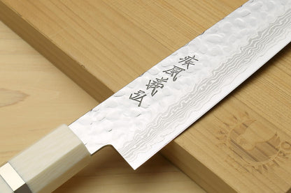 Yoshihiro VG10 46 Layers Hammered Damascus Sujihiki Japanese Slicer Knife (9.5" (240mm) Ebony Handle with Alternative Ivoy Bolster)