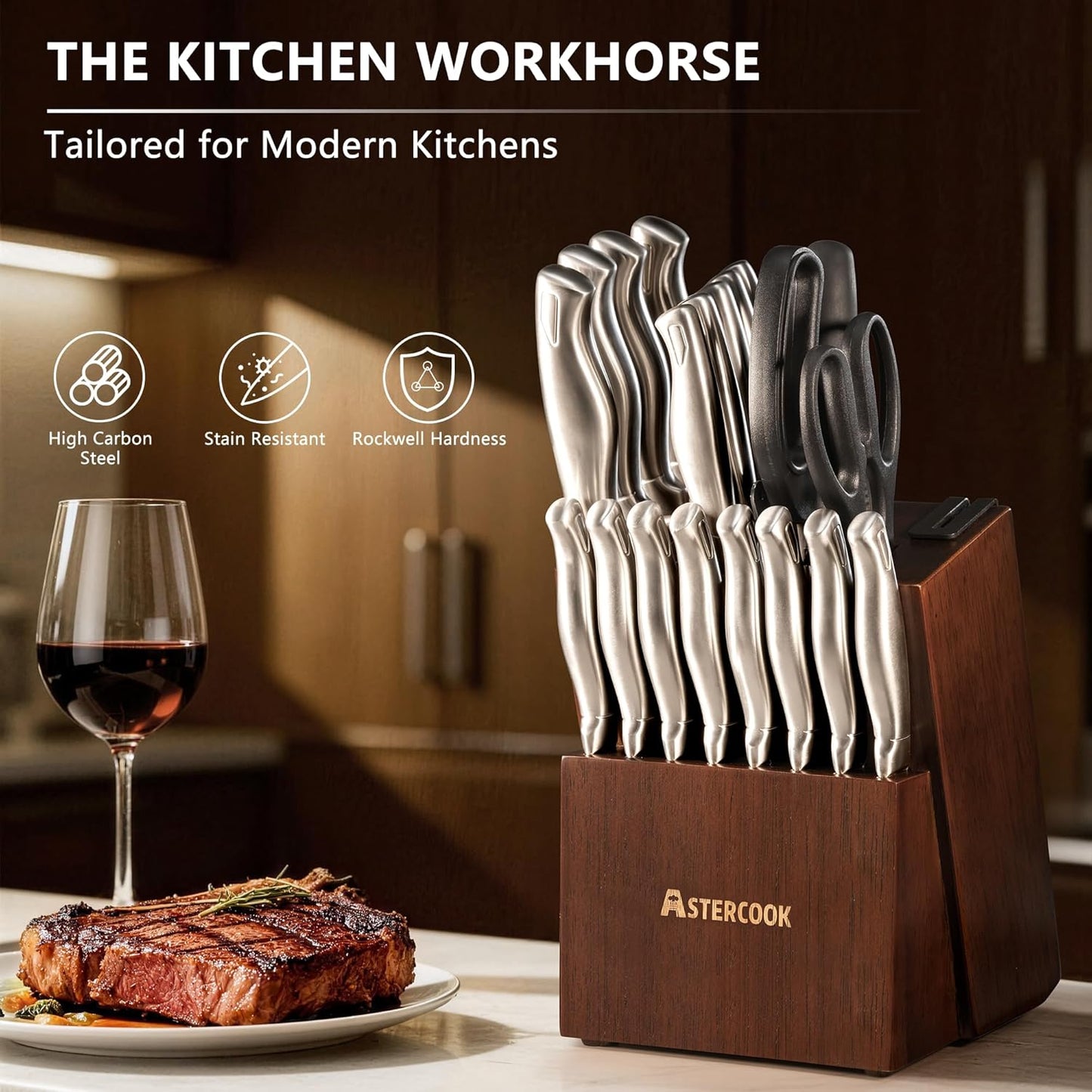 Knife Set, 21 Pieces Kitchen Knife Set with Built-in Sharpener, German Stainless Steel Knife Block Set, Razor-Sharp Knives with Full-tang Handle, Dishwasher Safe Kitchen Utensils Set