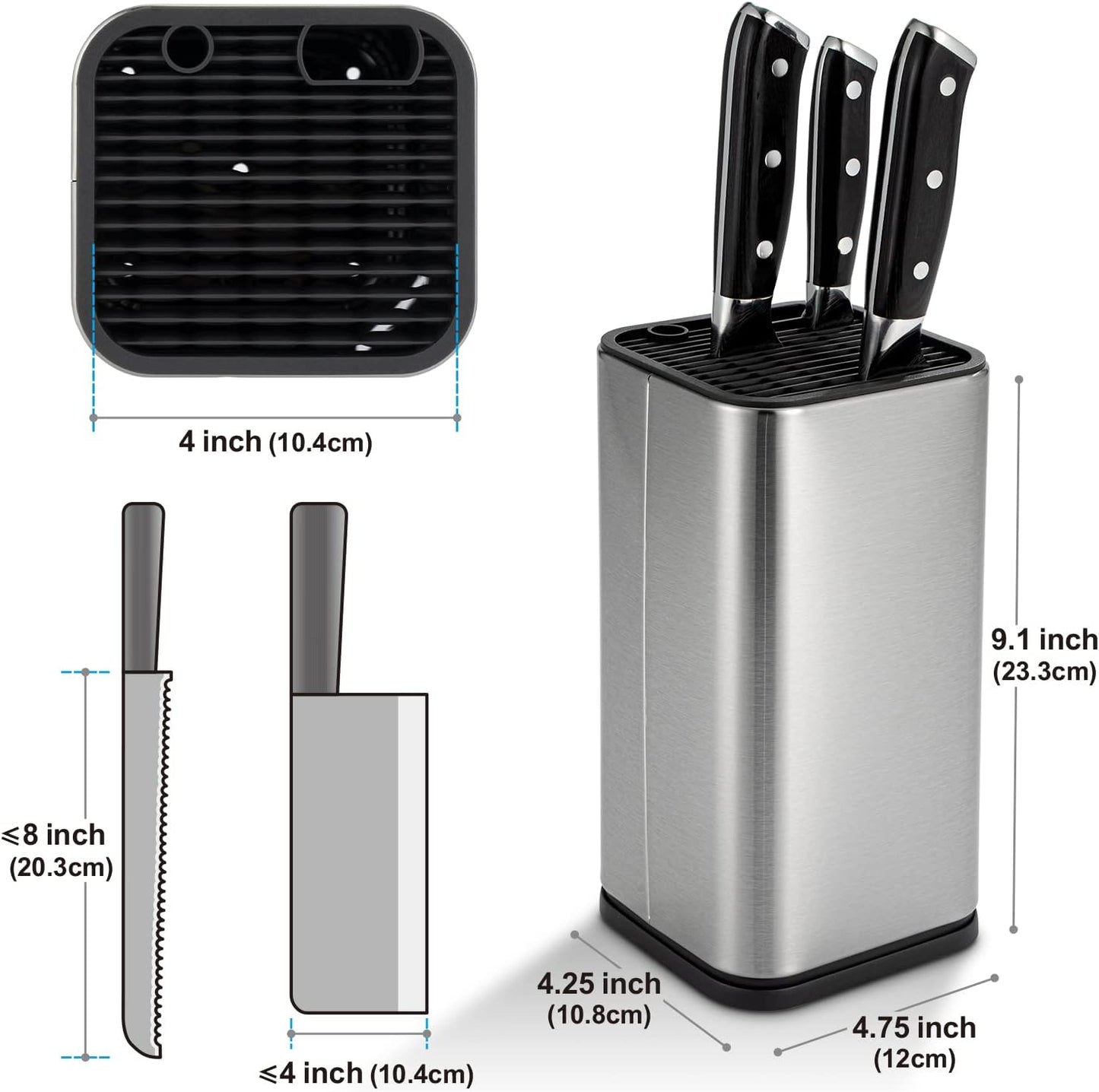 Universal Knife Block, Knife Holder without Knives, Stainless Steel Knife Storage Block for 3.5" to 8" Knives, with Slots for Scissors and Sharpening Rod,for Kitchen Counter