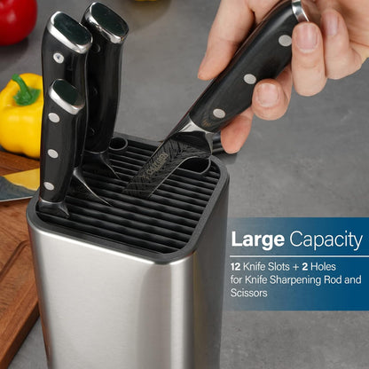 Universal Knife Block, Knife Holder without Knives, Stainless Steel Knife Storage Block for 3.5" to 8" Knives, with Slots for Scissors and Sharpening Rod,for Kitchen Counter