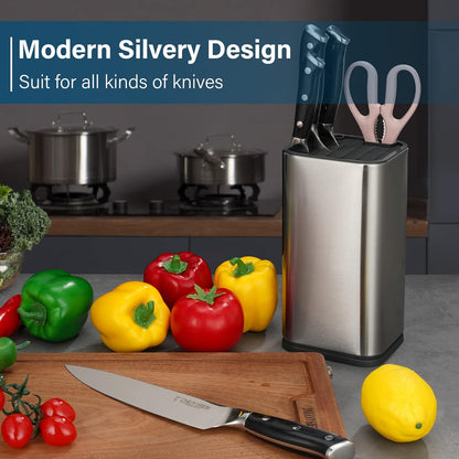 Universal Knife Block, Knife Holder without Knives, Stainless Steel Knife Storage Block for 3.5" to 8" Knives, with Slots for Scissors and Sharpening Rod,for Kitchen Counter