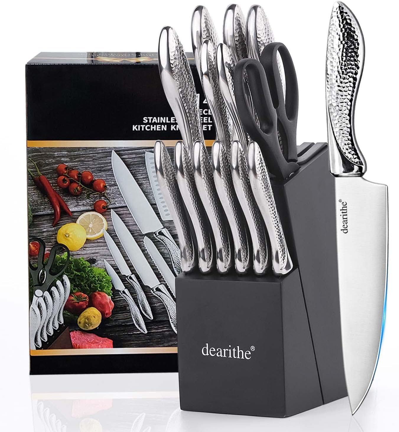 14 Piece Knife Block Set with Built-in Sharpener,Scissors | High Carbon Stainless Stee Kitchen Knife Set, Hammered Pattern Hollowed Handle Design