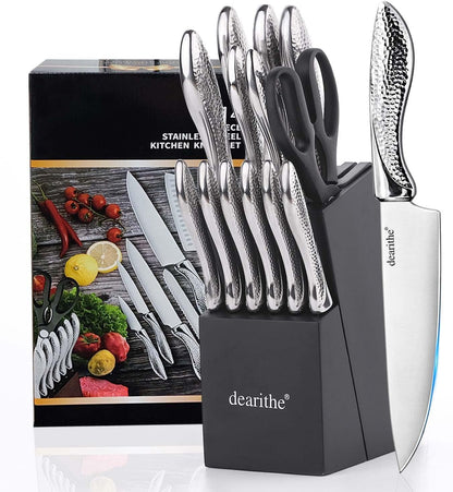 14 Piece Knife Block Set with Built-in Sharpener,Scissors | High Carbon Stainless Stee Kitchen Knife Set, Hammered Pattern Hollowed Handle Design
