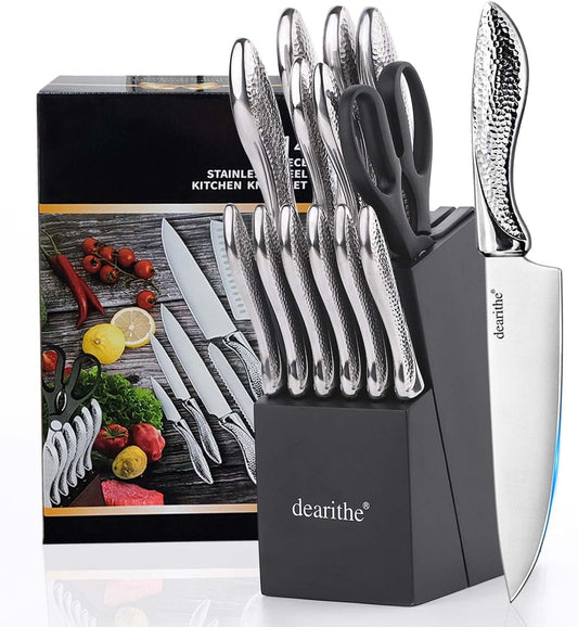 14 Piece Knife Block Set with Built-in Sharpener,Scissors | High Carbon Stainless Stee Kitchen Knife Set, Hammered Pattern Hollowed Handle Design