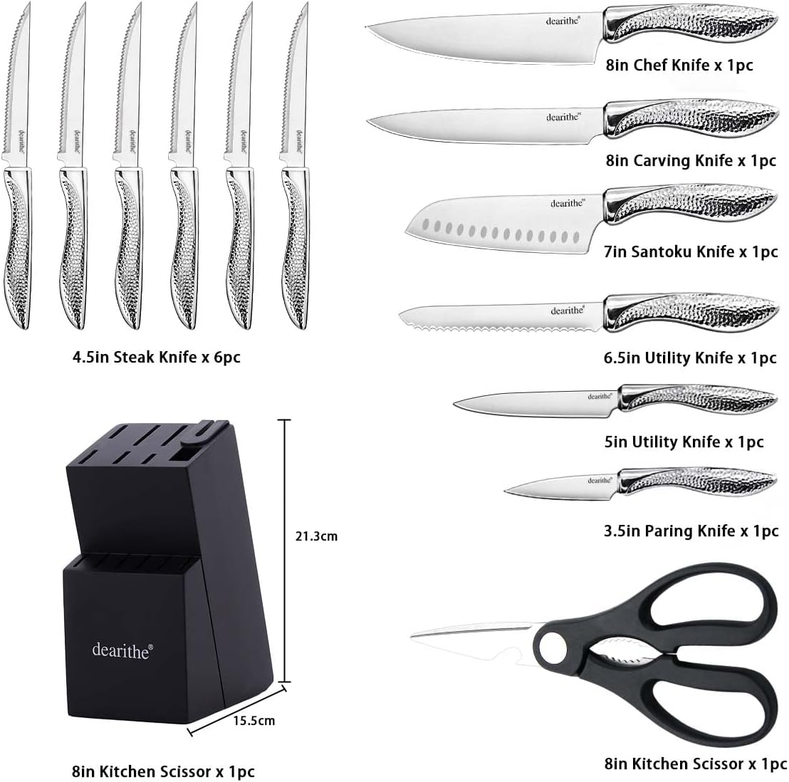 14 Piece Knife Block Set with Built-in Sharpener,Scissors | High Carbon Stainless Stee Kitchen Knife Set, Hammered Pattern Hollowed Handle Design